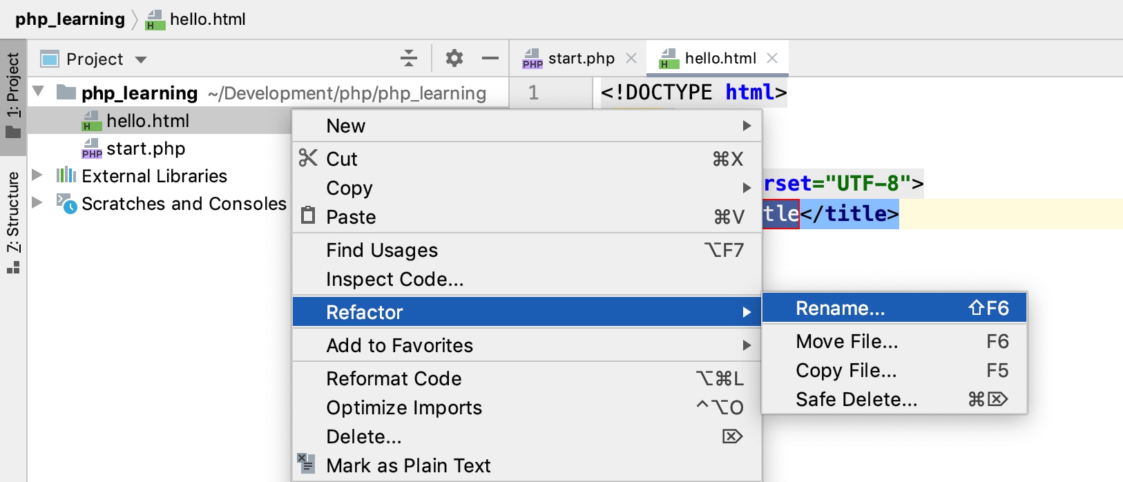 在 PhpStorm 中进行文件重命名