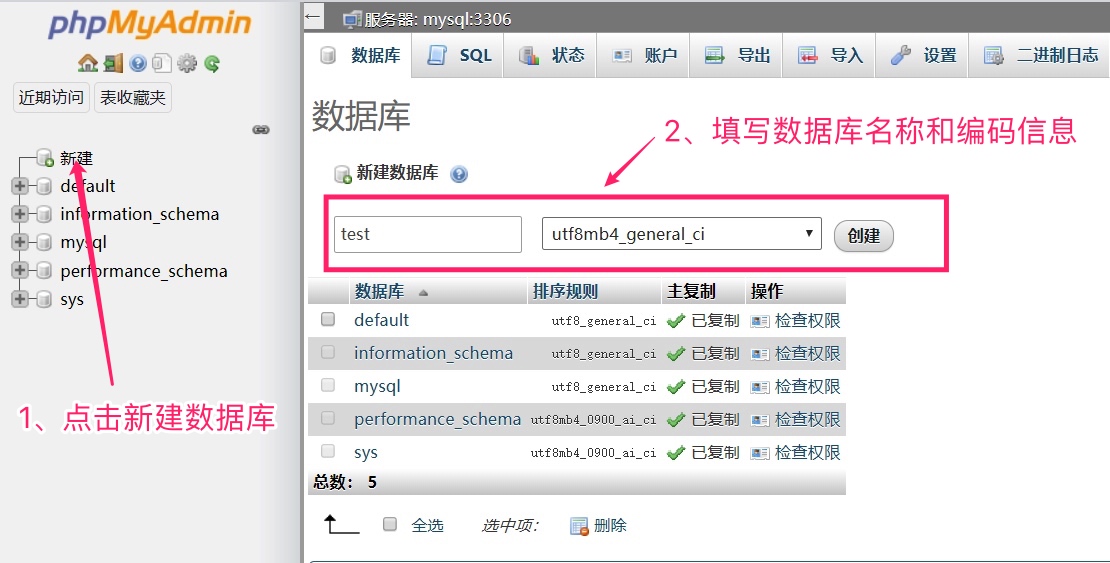 在 phpMyAdmin 中新建数据库