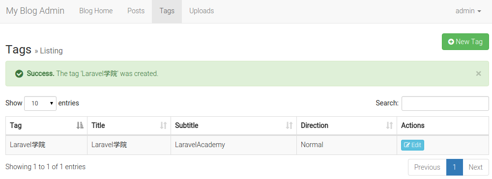 Laravel博客后台新建标签成功页面