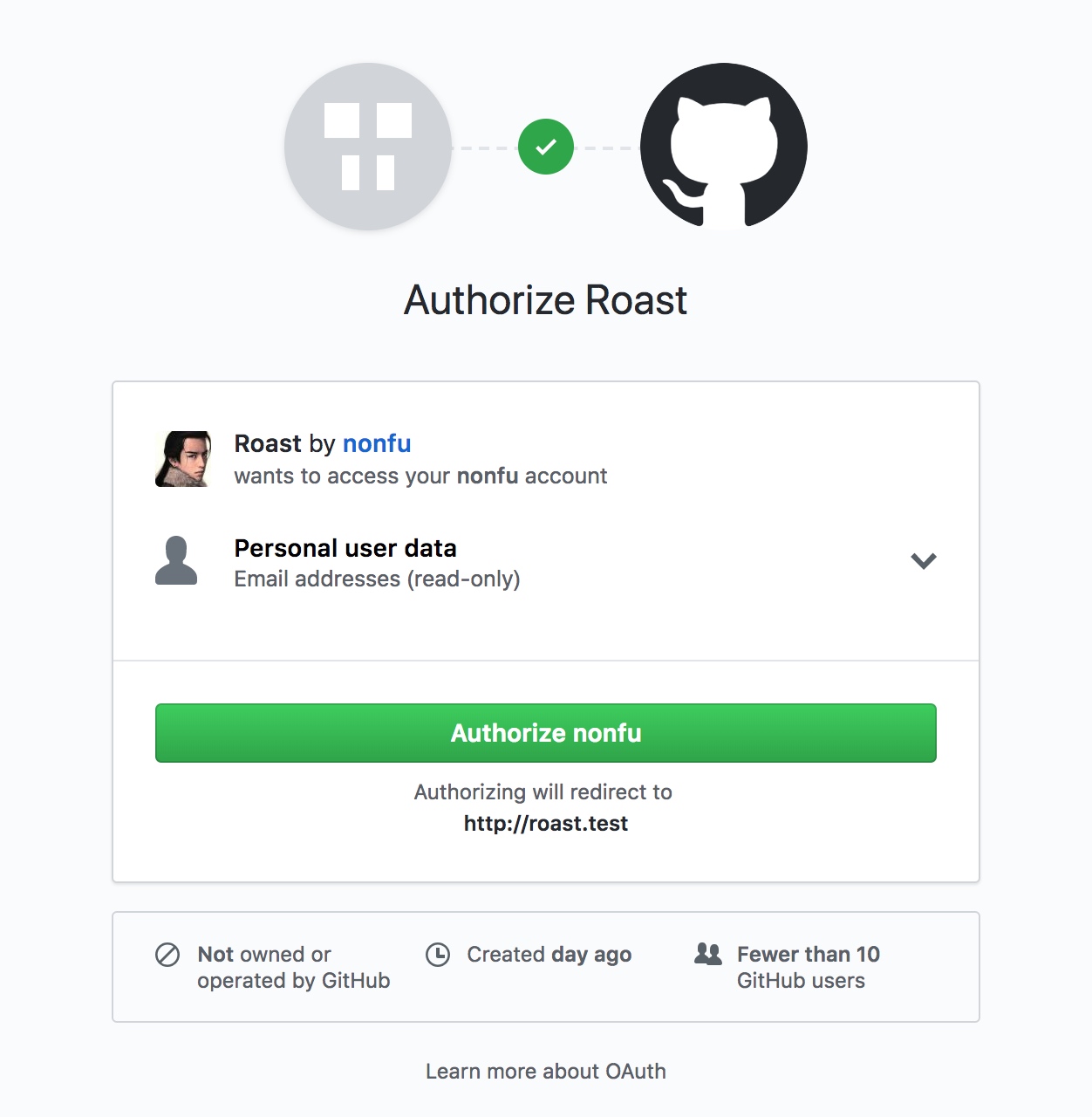 授权使用github登录到roast