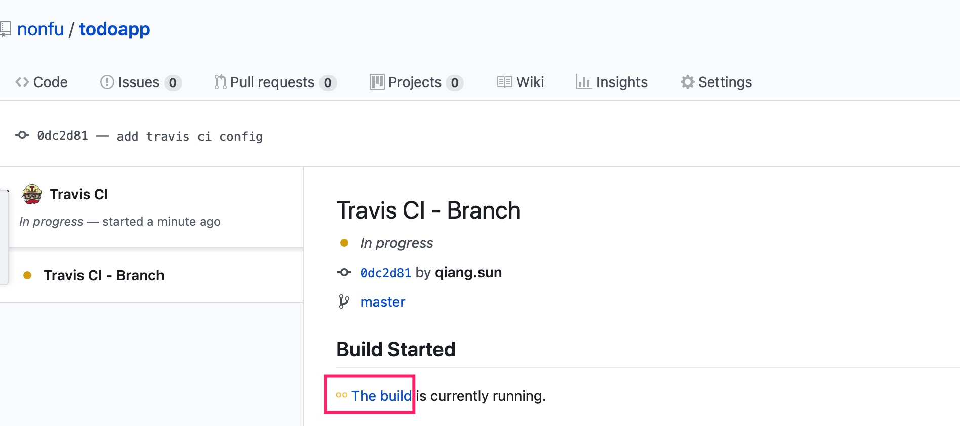 Github Travis Build Page